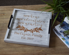 Custom Engraved Wood Ottoman Tray - Coffee Table Tray - Bed and Breakfast Tray - Personalized New Home - Wedding & Engagement - Shore Thing Laser