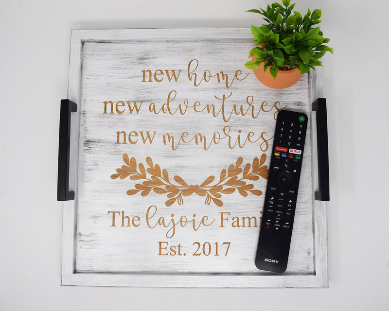 Custom Engraved Wood Ottoman Tray - Coffee Table Tray - Bed and Breakfast Tray - Personalized New Home - Wedding & Engagement - Shore Thing Laser