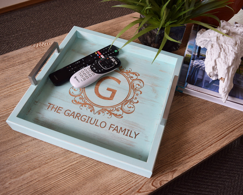 Custom Engraved Wood Ottoman Tray - Coffee Table Tray - Bed and Breakfast Tray - Monogram - Shore Thing Laser