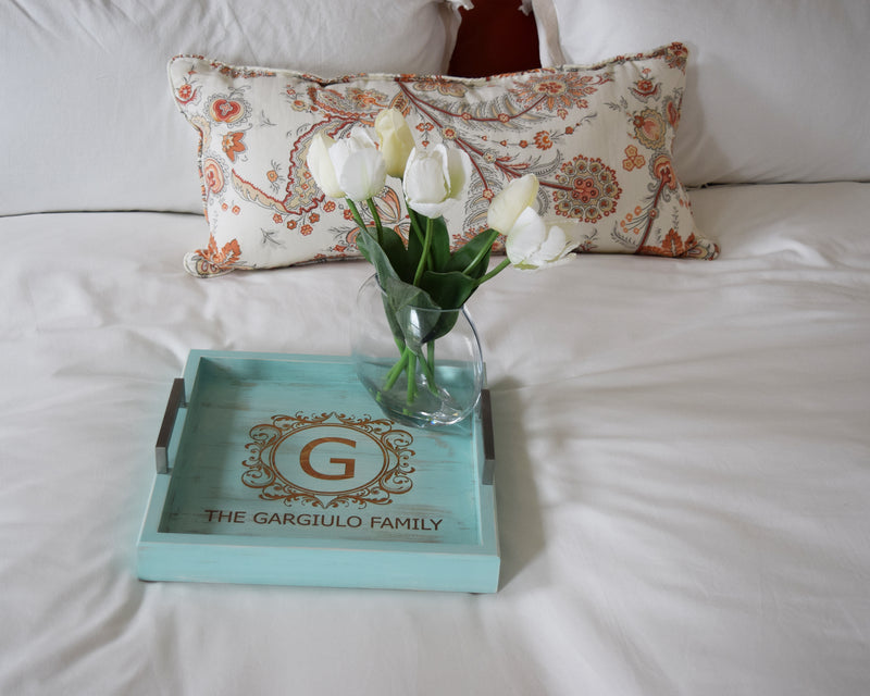 Custom Engraved Wood Ottoman Tray - Coffee Table Tray - Bed and Breakfast Tray - Monogram - Shore Thing Laser