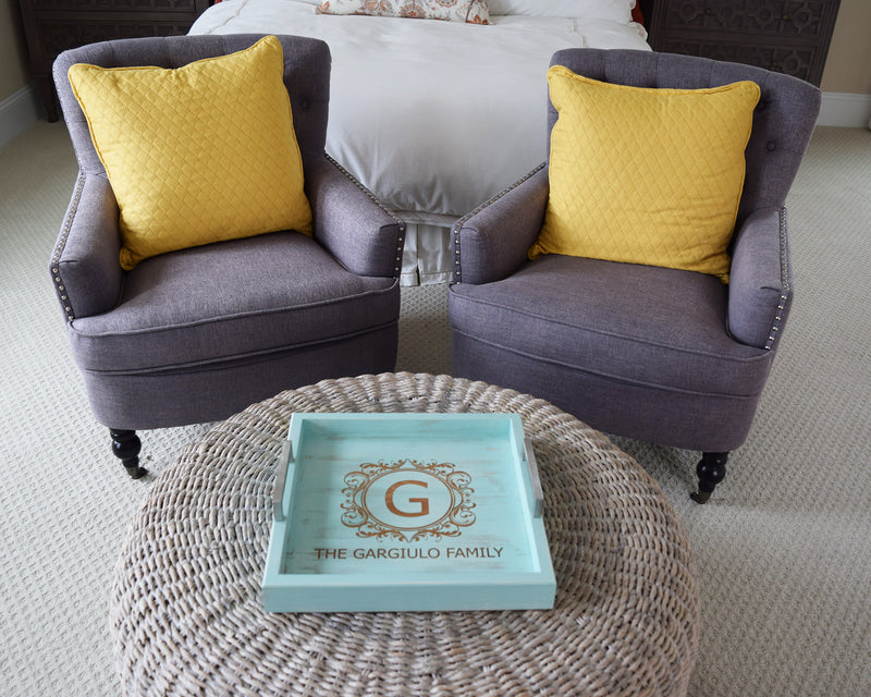 Custom Engraved Wood Ottoman Tray - Coffee Table Tray - Bed and Breakfast Tray - Monogram - Shore Thing Laser